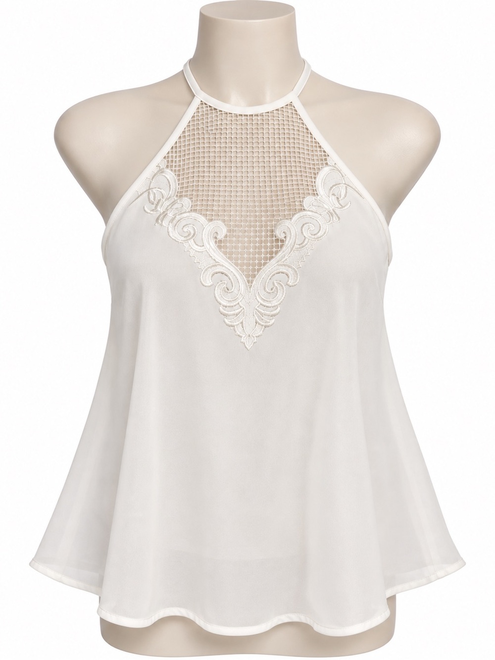 Tobi Ivory Halter Tank with Mesh Yoke and Embroidered Detail